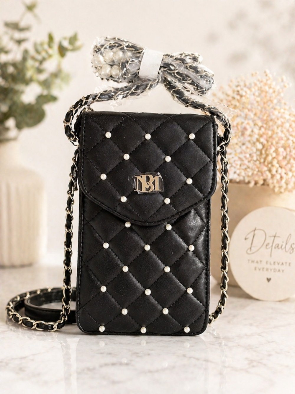 Badgley Mischka Quilted Pearl Stud Phone Crossbody Bag Black NWT